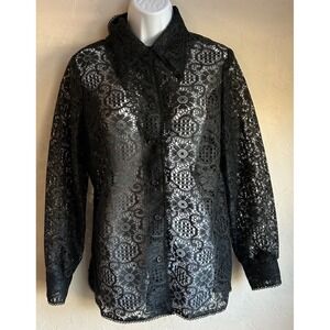 Vintage 60s Lori Beth Sheer Black Lace Blouse M Button Up Pointed Collar Gothic